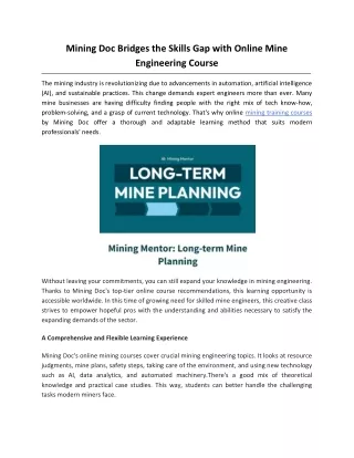 Mining Doc Bridges the Skills Gap with Online Mine Engineering Course