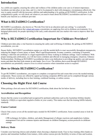 Child Care Providers' Guide to HLTAID012 Certification