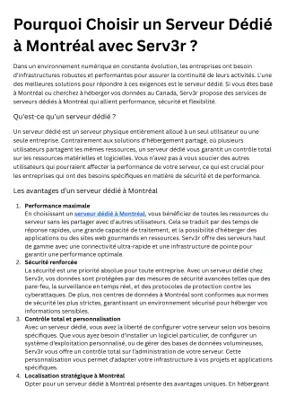 Pourquoi Choisir un Serveur Dédié à Montréal avec Serv3r