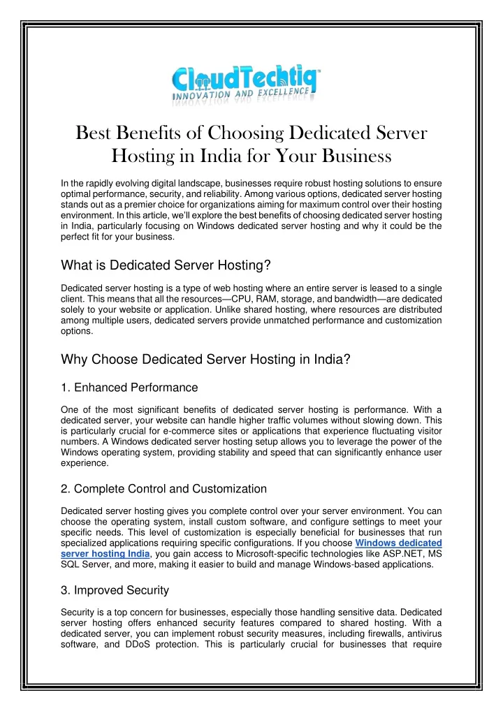 best benefits of choosing dedicated server