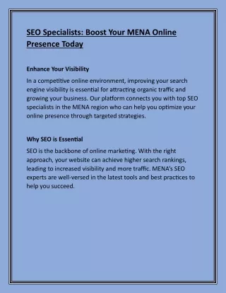 SEO Specialists Boost Your MENA Online Presence Today