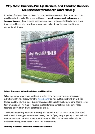 Why Mesh Banners, Pull Up Banners, and Teardrop Banners Are Essential for Modern Advertising