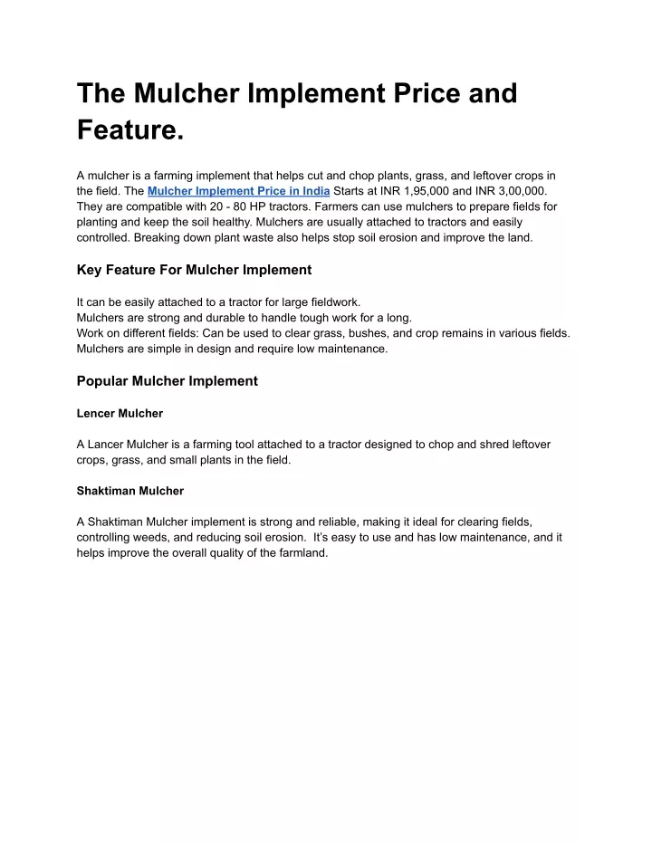 the mulcher implement price and feature