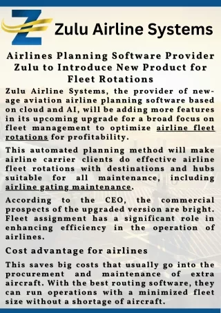 Airlines Planning Software Provider Zulu to Introduce New Product
