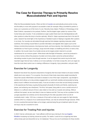 The Case for Exercise Therapy to Primarily Resolve Musculoskeletal Pain and Injuries