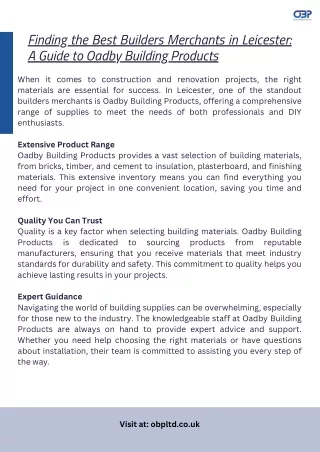 Finding the Best Builders Merchants in Leicester A Guide to Oadby Building Products