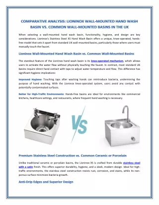 COMPARATIVE ANALYSIS LIONINOX WALL-MOUNTED HAND WASH BASIN VS COMMON WALL MOUNTED BASINS IN THE UK