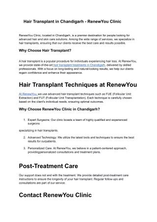 Hair Transplant in Chandigarh - RenewYou Clinic