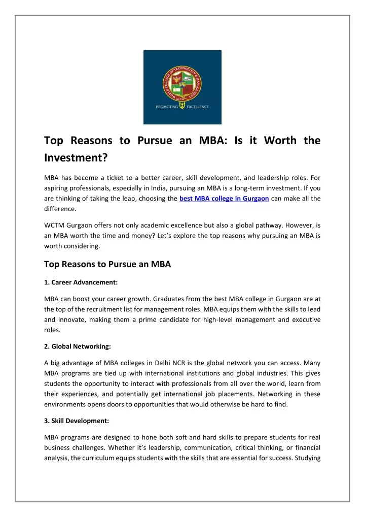 top reasons to pursue an mba is it worth