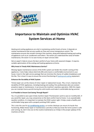 Importance to Maintain and Optimize HVAC System Services at Home