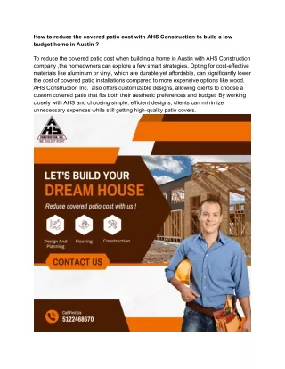 How to reduce the covered patio cost with AHS Construction to build a low budget home in Austin _