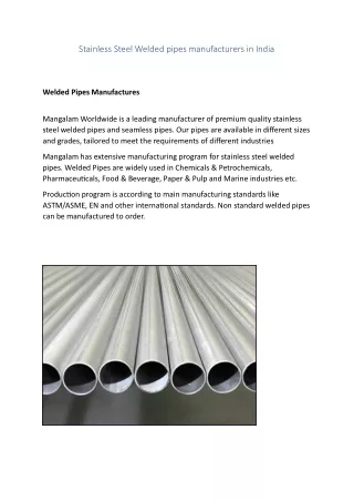 Stainless Steel Welded pipes manufacturers in India