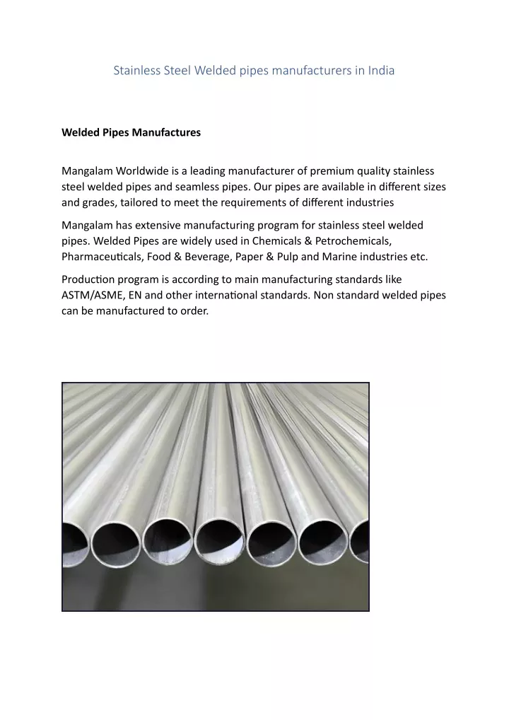 stainless steel welded pipes manufacturers