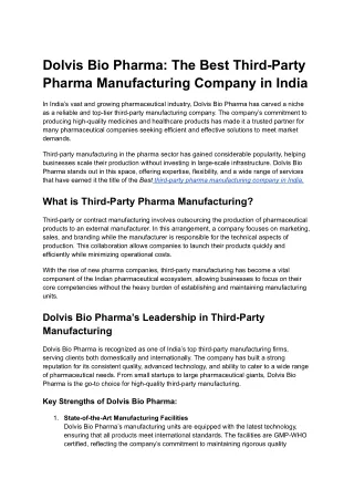 Dolvis Bio Pharma: The Best Third-Party Pharma Manufacturing Company in India
