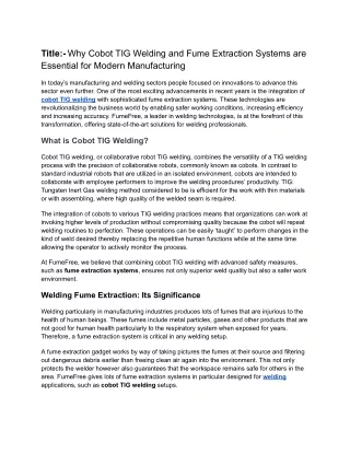 Why Cobot TIG Welding and Fume Extraction Systems are Essential for Modern Manufacturing