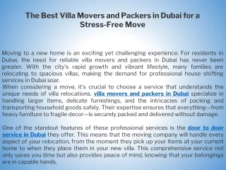 The Best Villa Movers and Packers in Dubai for a Stress-Free Move