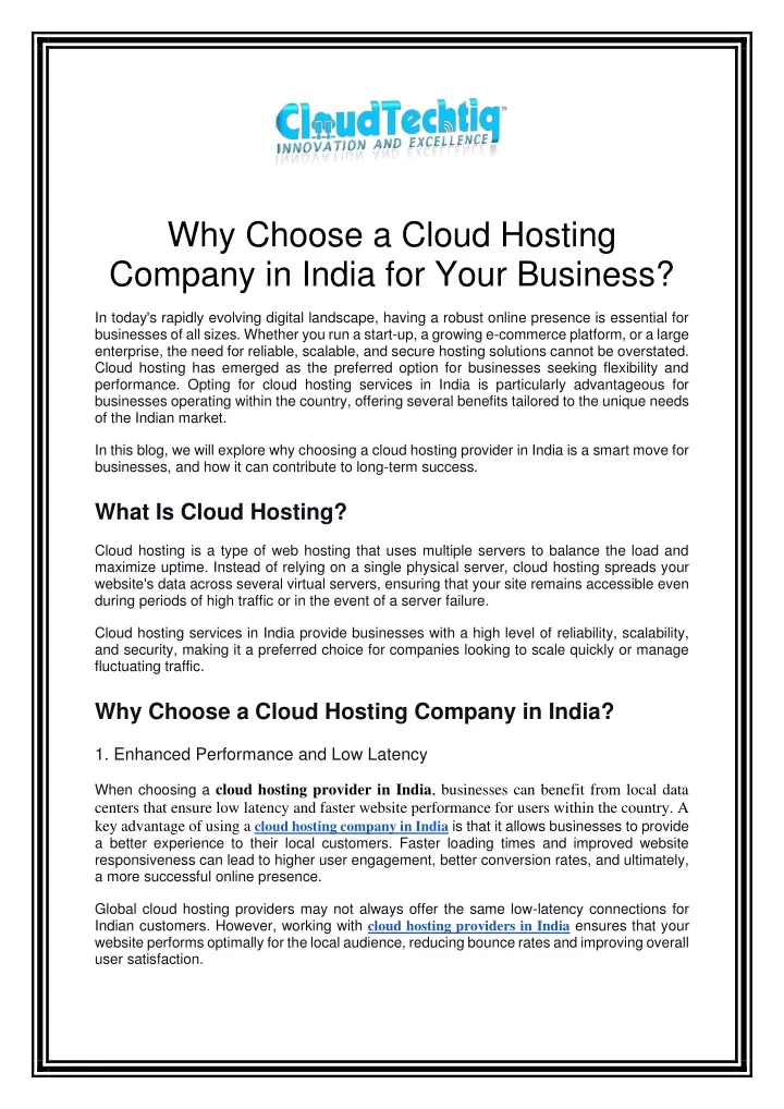 why choose a cloud hosting company in india