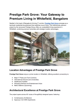 Prestige Park Grove_ Your Gateway to Premium Living in Whitefield, Bangalore