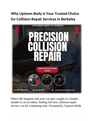 Why Uptown Body is Your Trusted Choice for Collision Repair Services in Berkeley