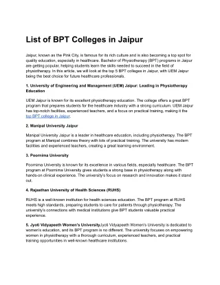 List of BPT Colleges in Jaipur