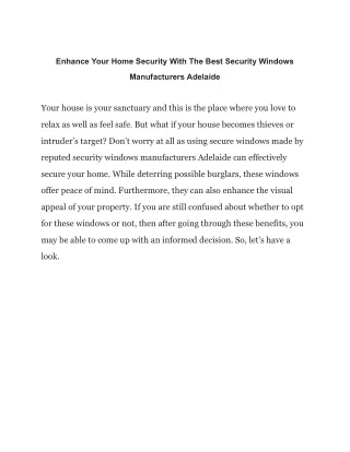 Enhance Your Home Security With The Best Security Windows Manufacturers Adelaide