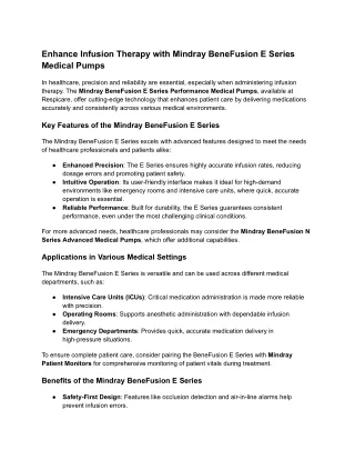Enhance Infusion Therapy with Mindray BeneFusion E Series Medical Pumps