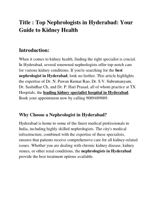 Top Nephrologist in Hyderabad -TX Hospitals