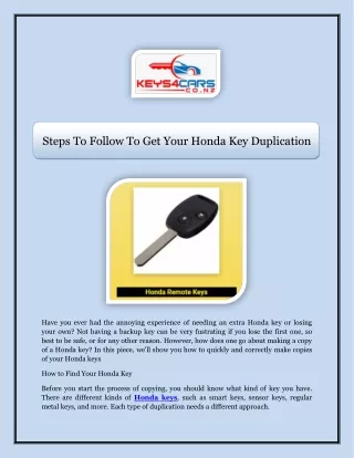 Steps To Follow To Get Your Honda Key Duplication