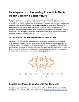 Headspace Lab: Transforming Mental Health Care for a Resilient and Inclusive Fut