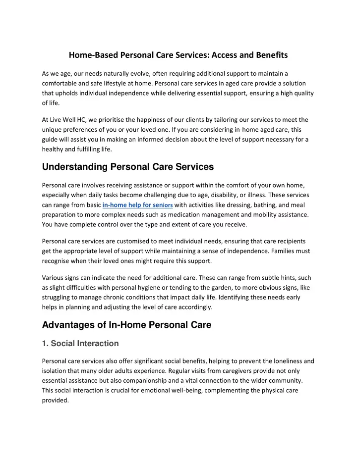 home based personal care services access