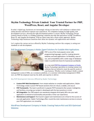 Skybin Technology Private Limited Your Trusted Partner for PHP, WordPress, React, and Angular Developer