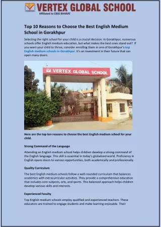 Top 10 Reasons to Choose the Best English Medium School in Gorakhpur