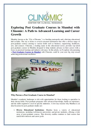 Exploring Post Graduate Courses in Mumbai with Clinomic: A Path to Advanced Lear