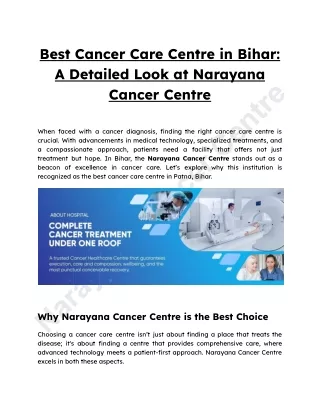 Best Cancer Care Centre in Bihar: A Detailed Look at Narayana Cancer Centre