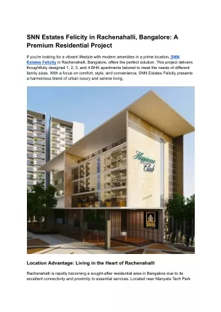 SNN Estates Felicity in Rachenahalli, Bangalore_ A Premium Residential Project