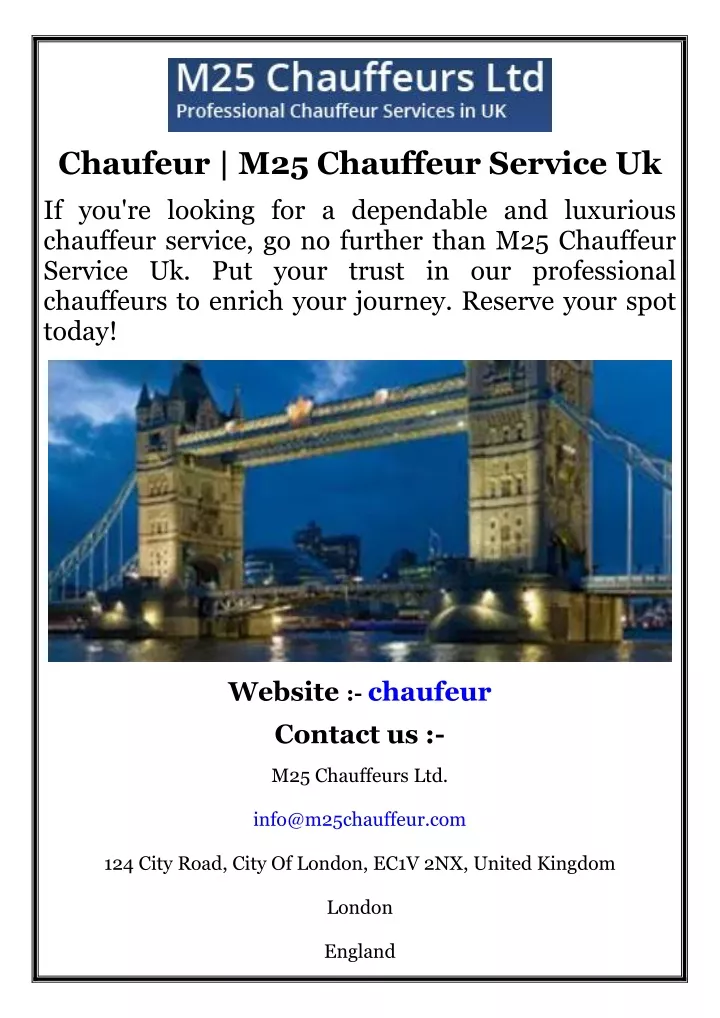 chaufeur m25 chauffeur service uk