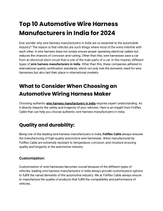 Top 10 Automotive Wire Harness Manufacturers in India 2024