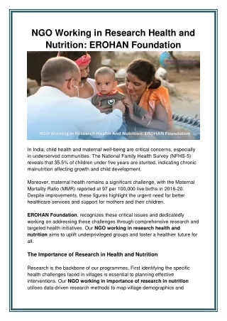 NGO Working in Research Health and Nutrition: EROHAN Foundation
