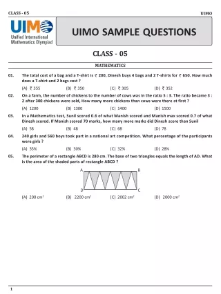 Unified International Mathematics Olympiad (UIMO) Class 5 Sample Paper