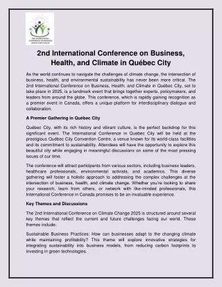 2nd International Conference on Business, Health, and Climate in Québec City