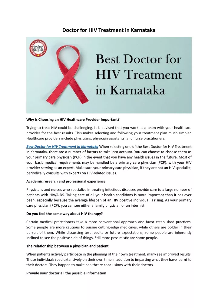 doctor for hiv treatment in karnataka