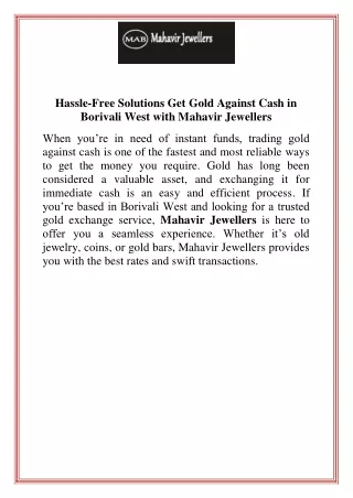 Hassle-Free Solutions Get Gold Against Cash in Borivali West with Mahavir Jewellers