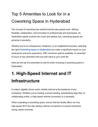 Top 5 Amenities to Look for in a Coworking Space in Hyderabad
