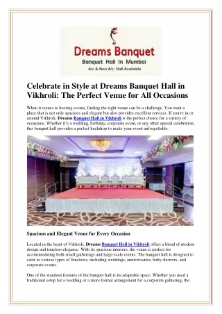 Celebrate in Style at Dreams Banquet Hall in Vikhroli: The Perfect Venue for All