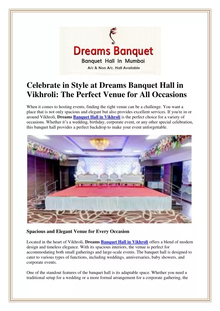 celebrate in style at dreams banquet hall