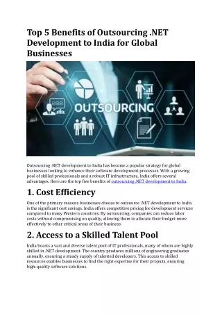 Top 5 Benefits of Outsourcing .NET Development to India for Global Businesses