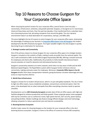 Top 10 Reasons to Choose Gurgaon for Your Corporate Office Space