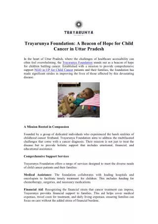 Trayarunya: NGO in UP Supporting Child Cancer—Get Involved Now