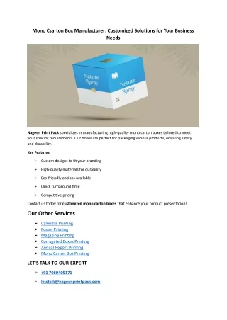 Mono Carton Box Manufacturer: Providing Customized Solutions for Your Business N