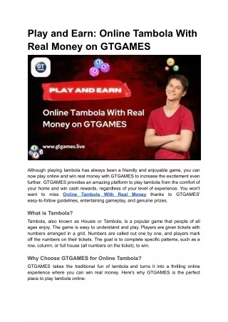 Play and Earn: Online Tambola With Real Money on GTGAMES